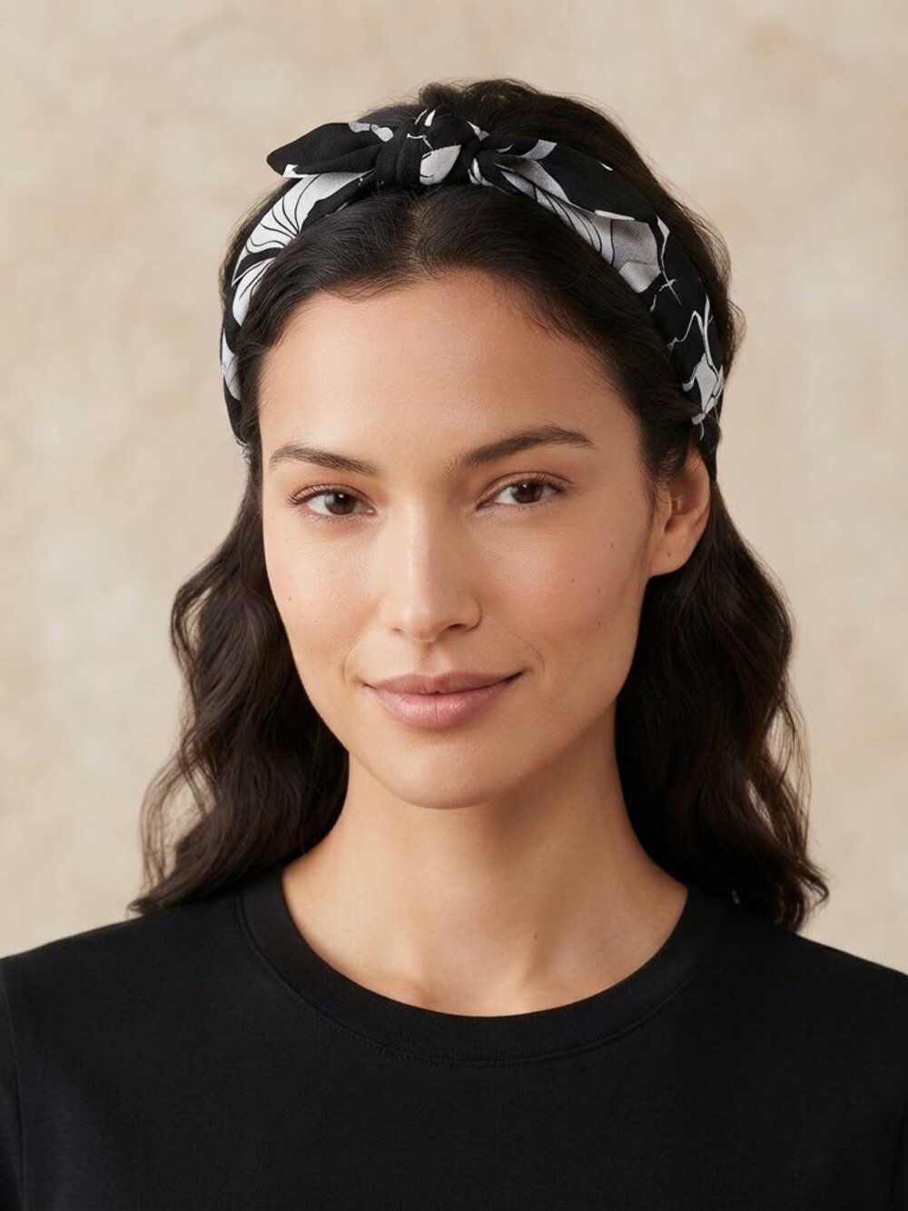 Black White Floral Top Knot Headband Fabric Wrapped Botanical Print‎ Hair Band